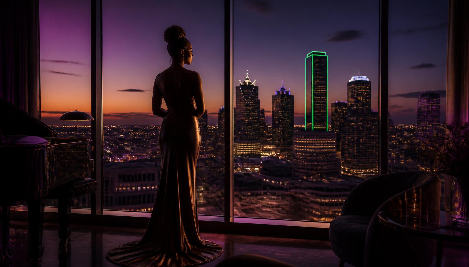 Money Mayai at the penthouse window overlooking the Dallas skyline at dusk